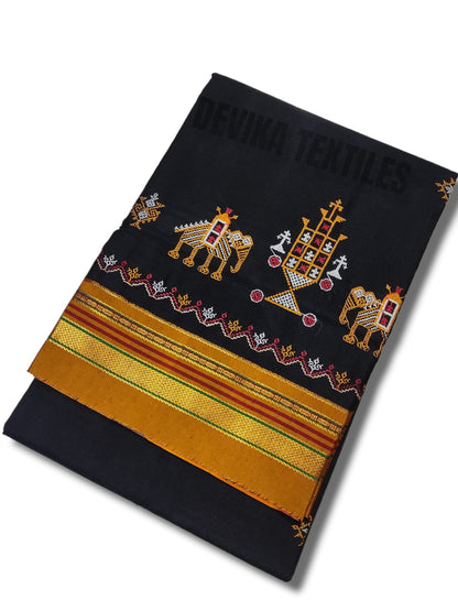 Black color Cottonsilk ilkal Kasuti work saree with running blouse piece