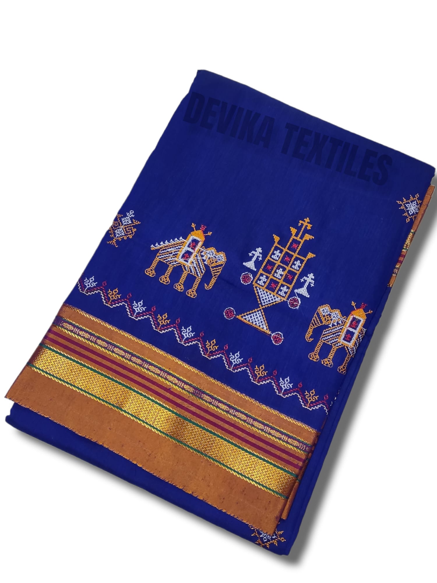 Blue  Cottonsilk ilkal Kasuti work saree with running blouse piece