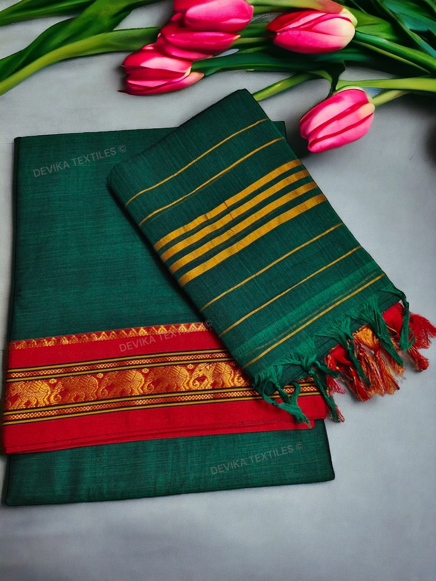 Bottle Green 100% Pure Narayanpeth Cotton Elephant Border Dress Material