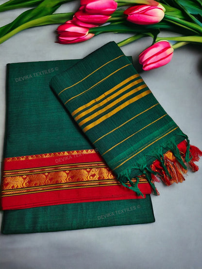 Bottle Green 100% Pure Narayanpeth Cotton Elephant Border Dress Material