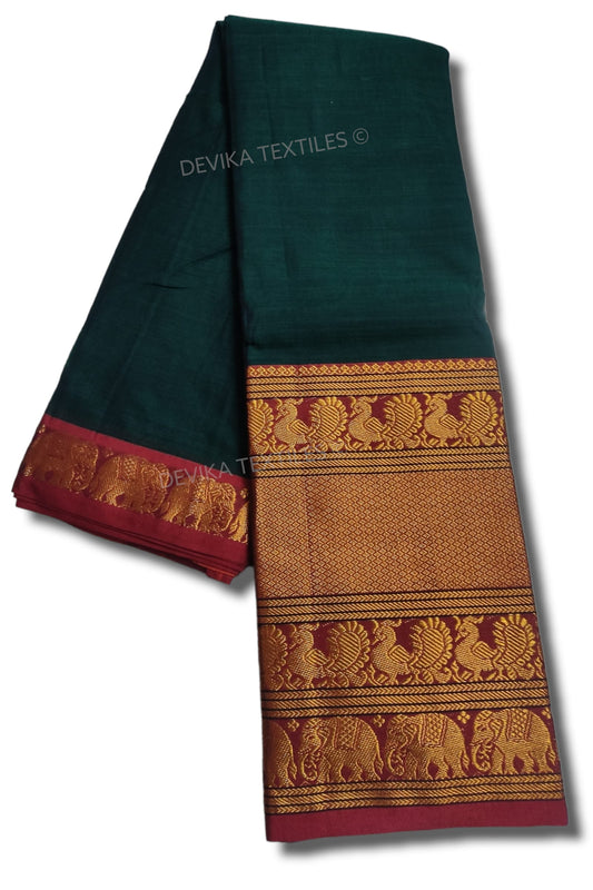 Bottle Green Big Border Narayanpet Pure Handloom Cotton Sarees with Running blouse piece