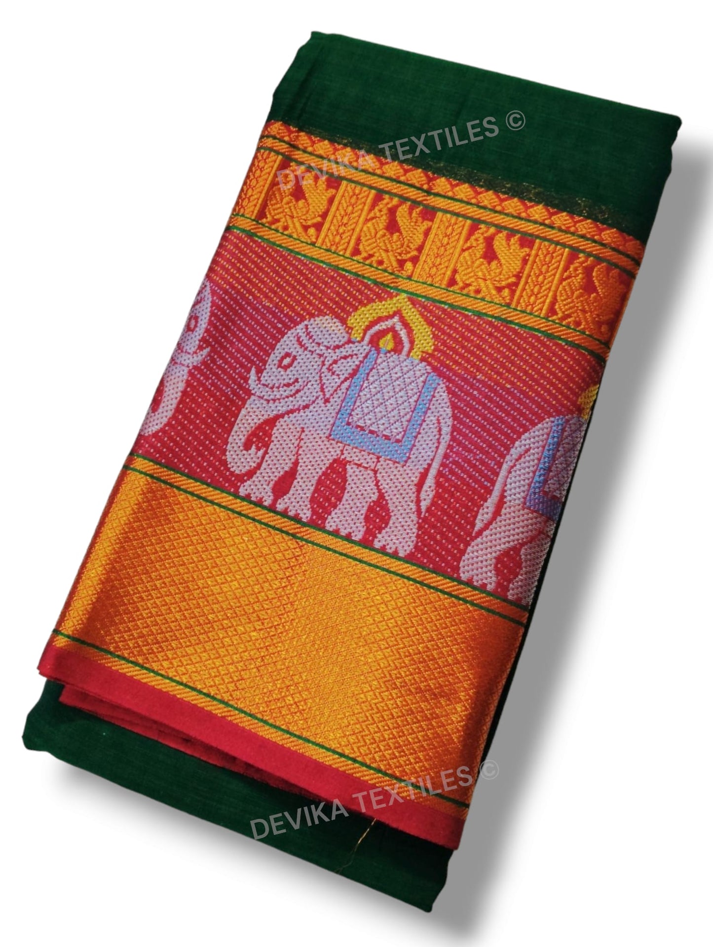 Bottle Green Big Elephant Narayanpet Pure handloom Cotton saree with running blouse piece