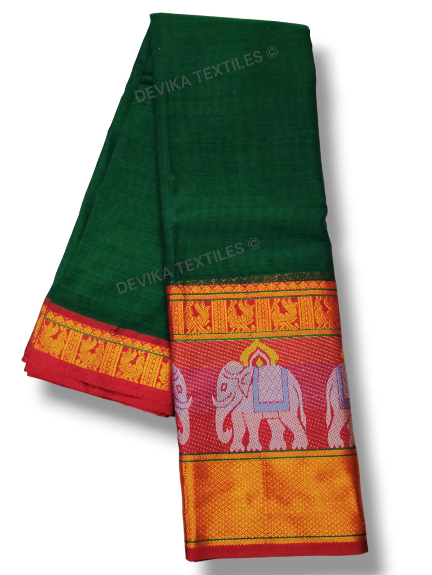 Bottle Green Big Elephant Narayanpet Pure handloom Cotton saree with running blouse piece