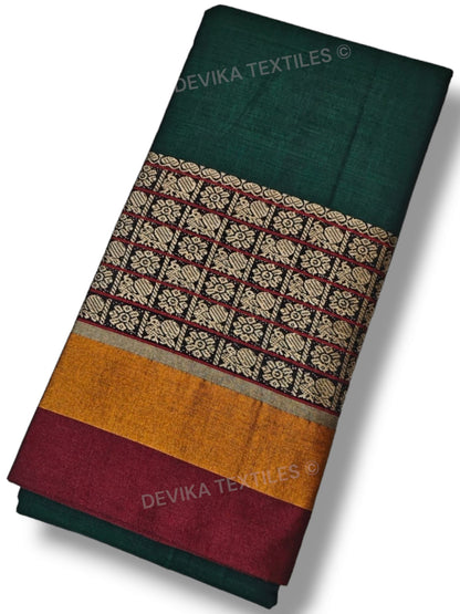 Bottle Green Chandrakala Narayanpeth Pure Handloom Cotton Saree With Running Blouse Piece(Same As saree)