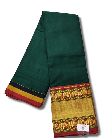 Bottle Green Double Elephant Border Narayanpet Pure Handloom Cotton Sarees with Running blouse piece