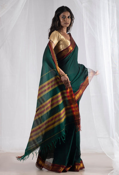 Bottle Green Elephant Border Narayanapet Mercerised Cotton saree with running Blouse piece (Same As saree)