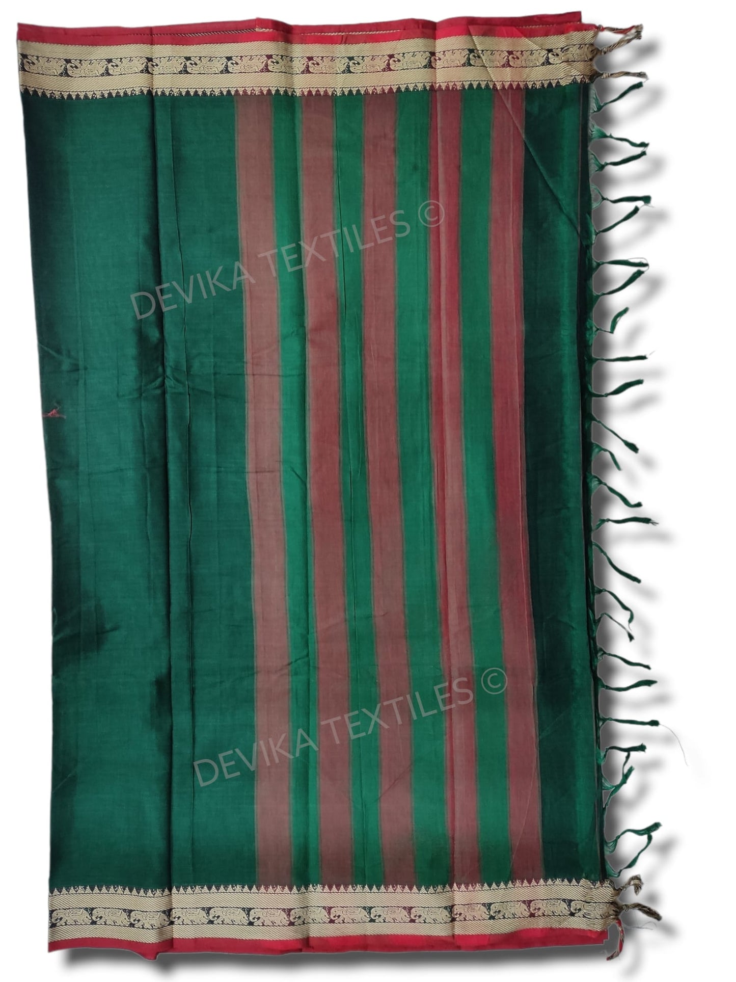 Bottle Green Elephant Thread Border Narayanpet Pure Handloom Cotton Sarees with Running blouse piece (Tanvi)