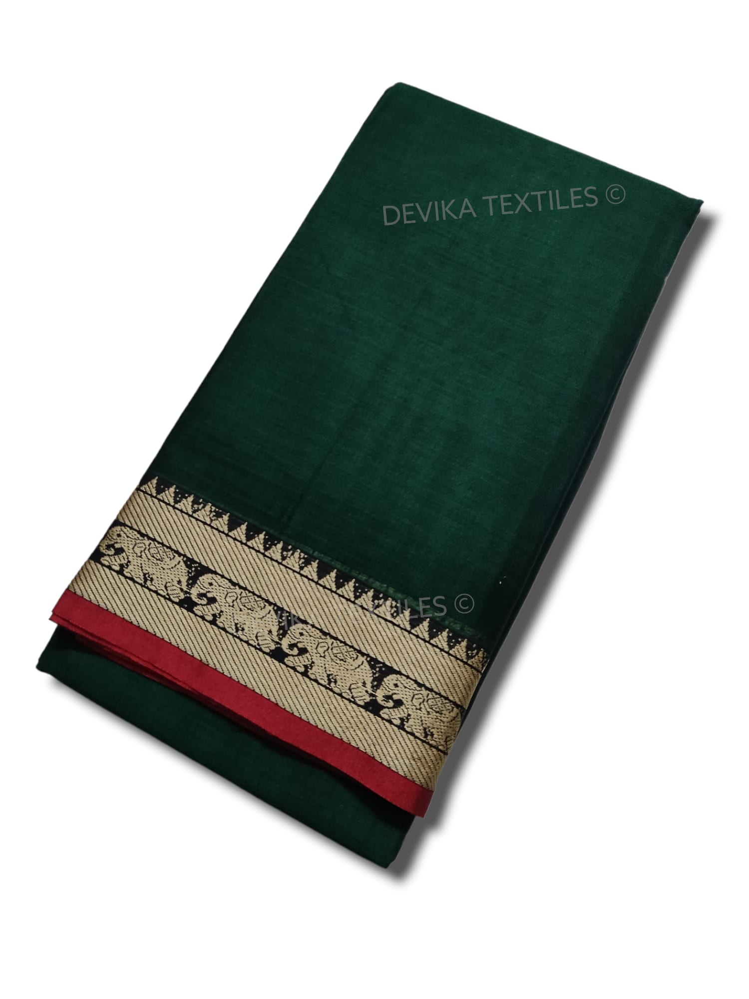Bottle Green Elephant Thread Border Narayanpet Pure Handloom Cotton Sarees with Running blouse piece (Tanvi)