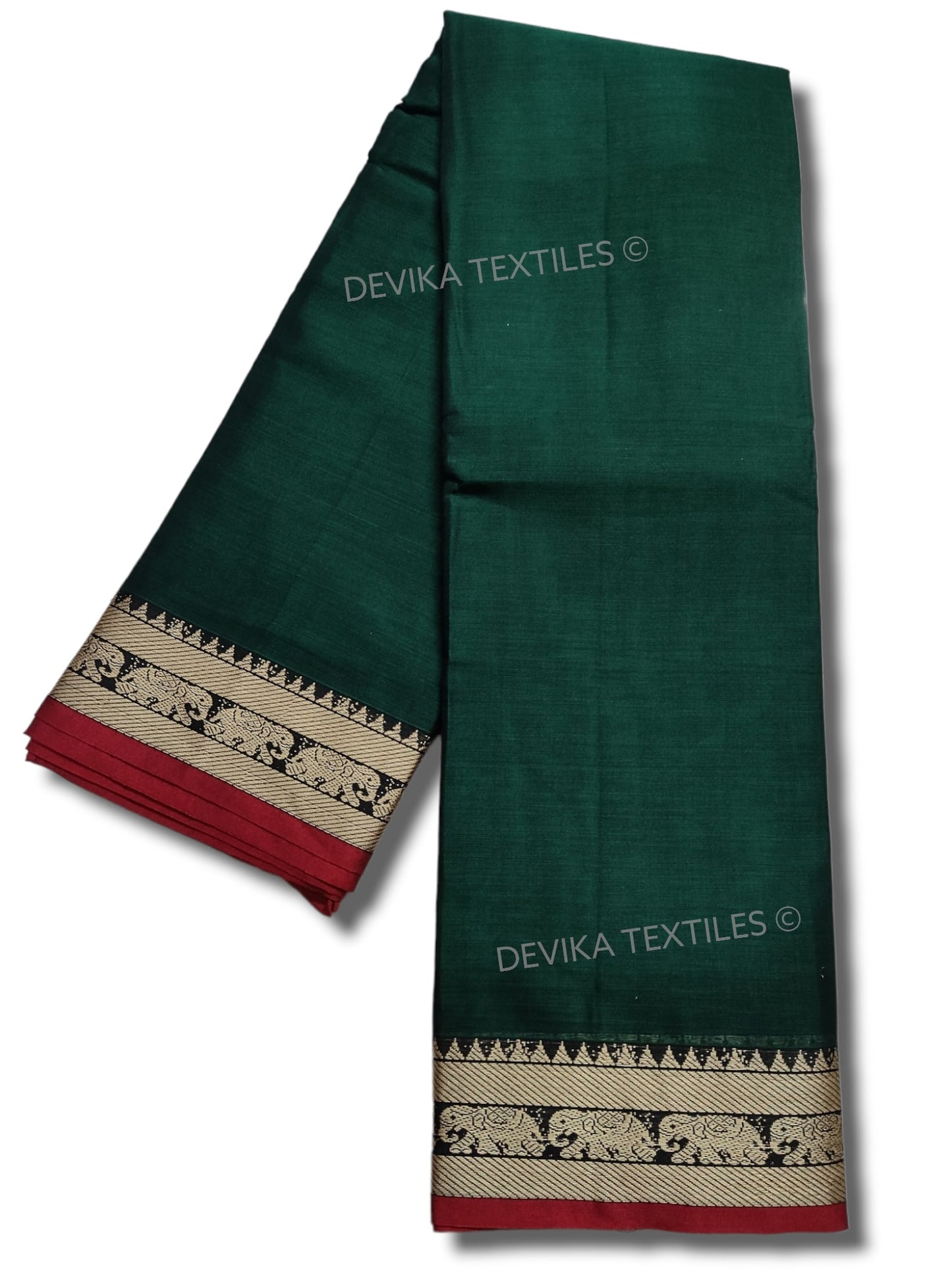 Bottle Green Elephant Thread Border Narayanpet Pure Handloom Cotton Sarees with Running blouse piece (Tanvi)