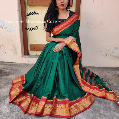 Bottle Green Narayanpet Cotton saree with Running blouse piece