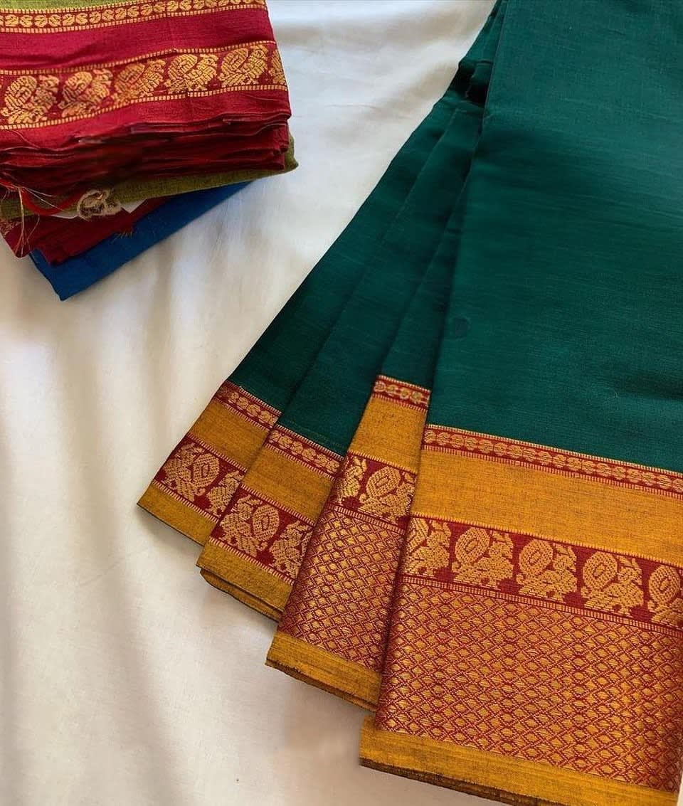 Bottle Green Narayanpet Cotton saree with Running blouse piece (Green by yellow)