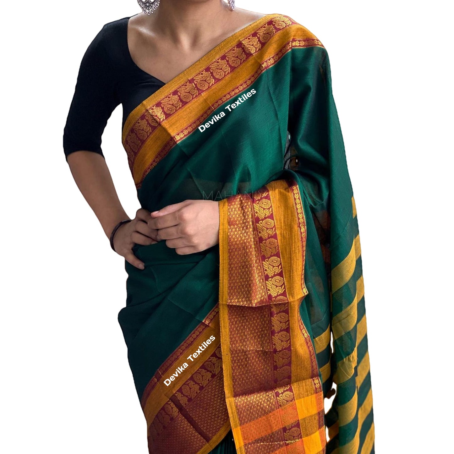 Bottle Green Narayanpet Cotton saree with Running blouse piece (Green by yellow)