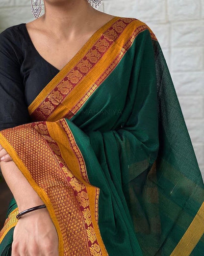 Bottle Green Narayanpet Cotton saree with Running blouse piece (Green by yellow)
