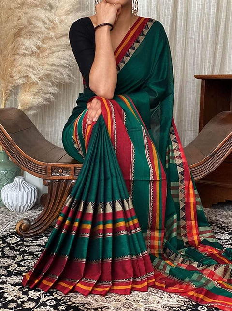 Bottle Green Rangoli Border Narayanpet Pure Handloom Cotton Sarees with Running blouse piece