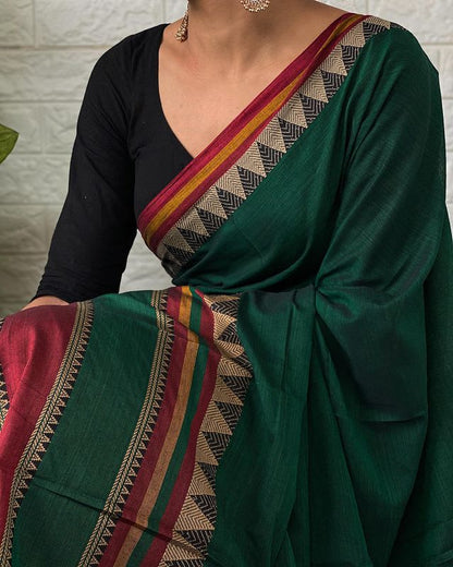 Bottle Green Rangoli Border Narayanpet Pure Handloom Cotton Sarees with Running blouse piece