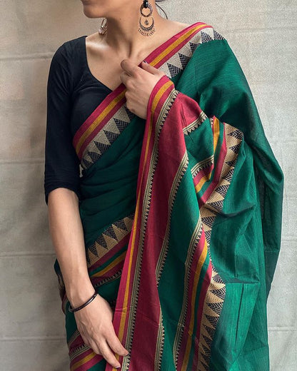 Bottle Green Rangoli Border Narayanpet Pure Handloom Cotton Sarees with Running blouse piece