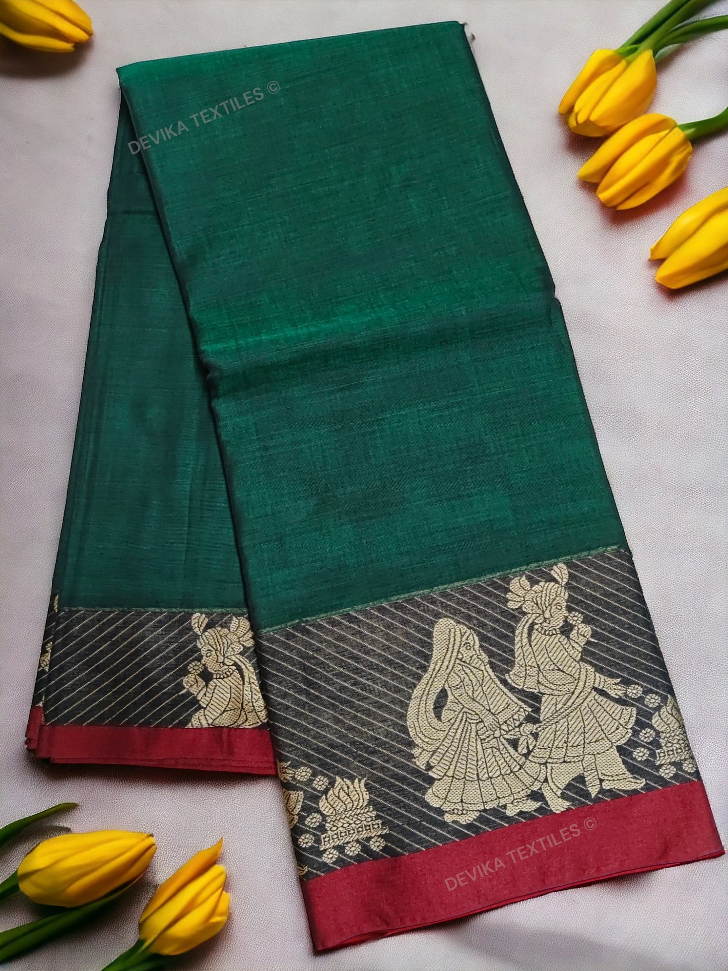Bottle Green Sapthapadhi Narayanpeth Pure Handloom Cotton saree with Running blouse piece (Same As Saree)