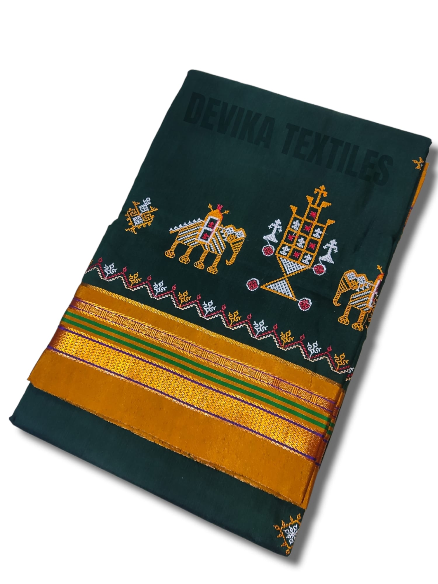 Bottle green Cottonsilk ilkal Kasuti work saree with running blouse piece