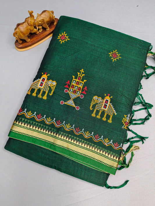 Bottle green  Kasuti Embroidered Narayanapet Pure Cotton saree