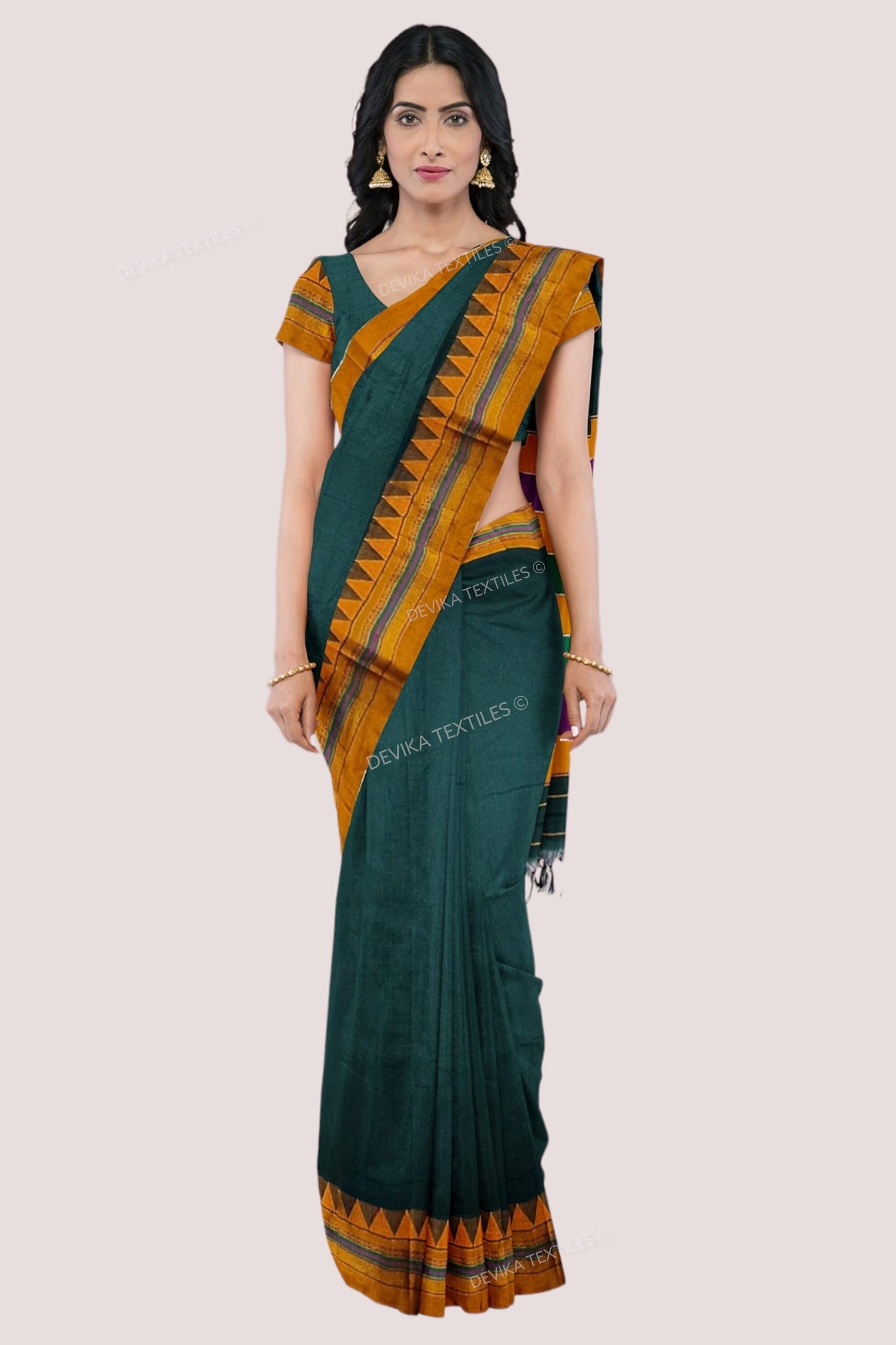 Bottole Green Ilkal Cottonsilk M Border Saree with Running blouse piece