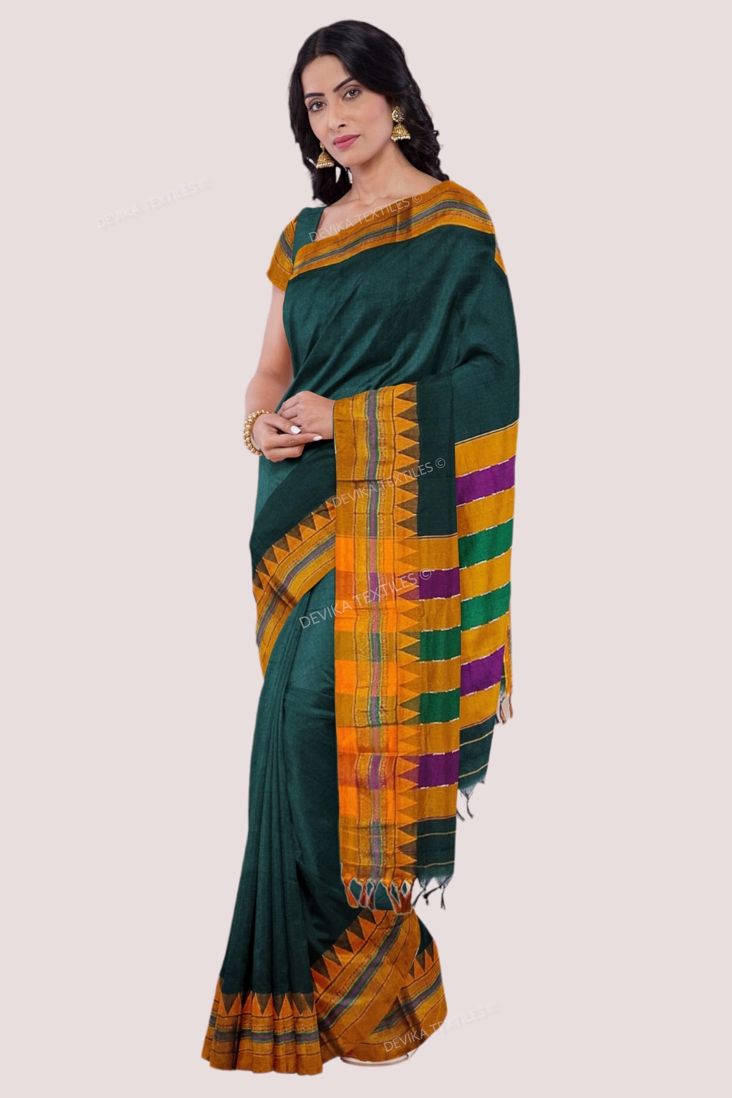 Bottole Green Ilkal Cottonsilk M Border Saree with Running blouse piece