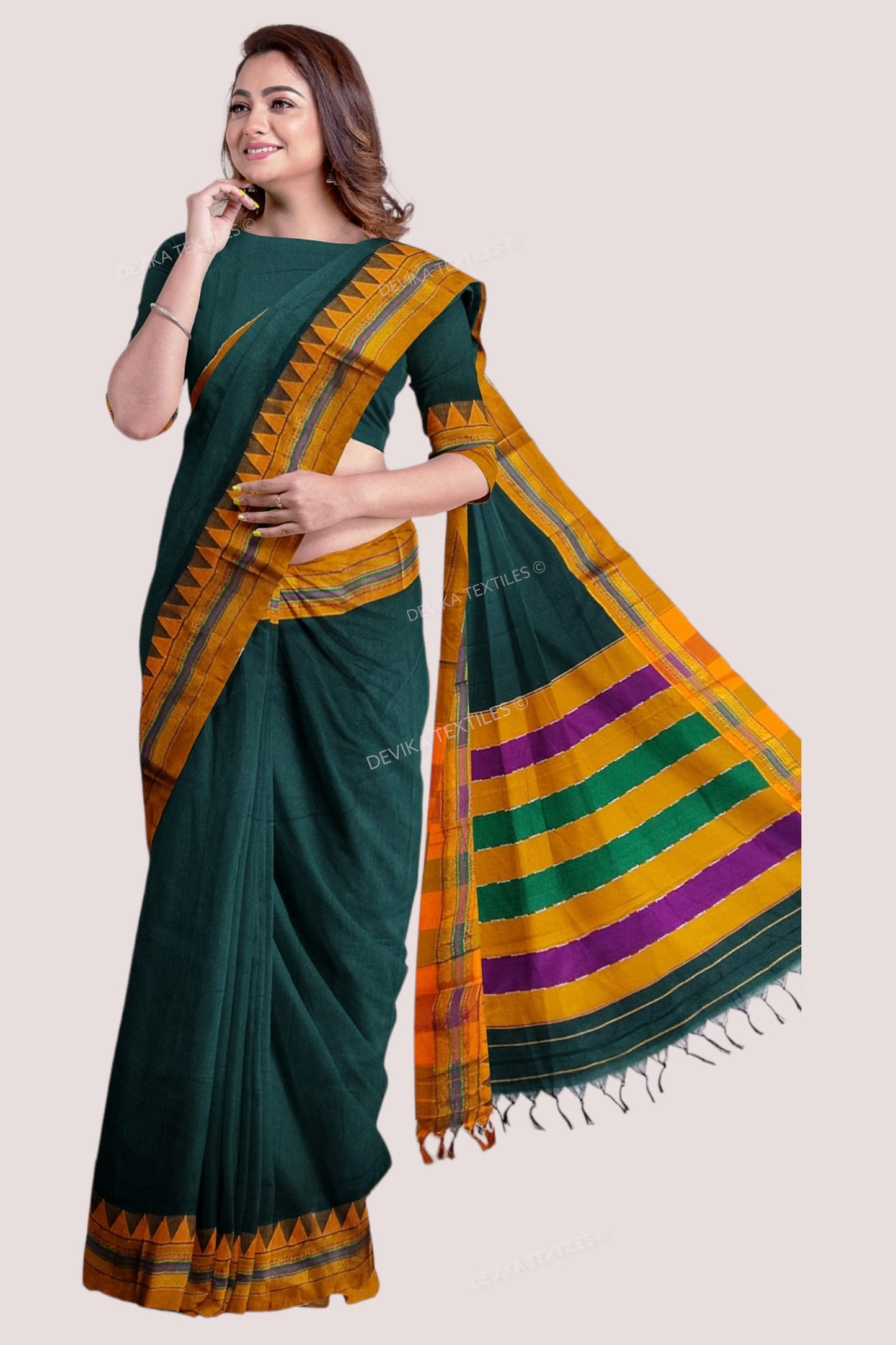 Bottole Green Ilkal Cottonsilk M Border Saree with Running blouse piece