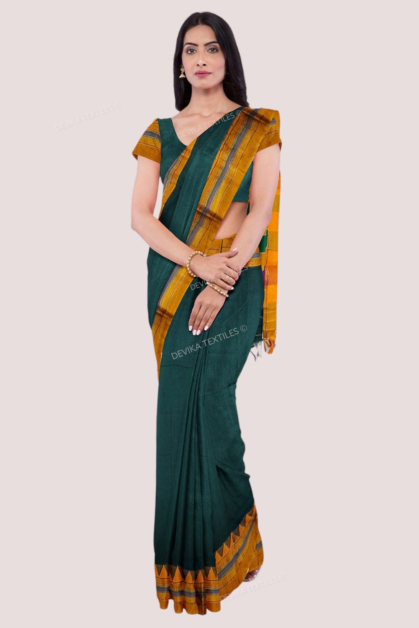 Bottole Green Ilkal Cottonsilk M Border Saree with Running blouse piece