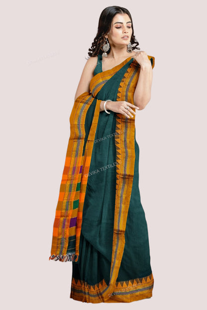 Bottole Green Ilkal Cottonsilk M Border Saree with Running blouse piece