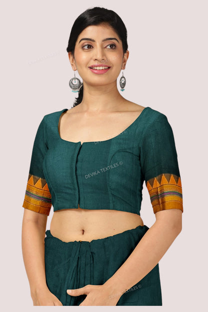 Bottole Green Ilkal Cottonsilk M Border Saree with Running blouse piece