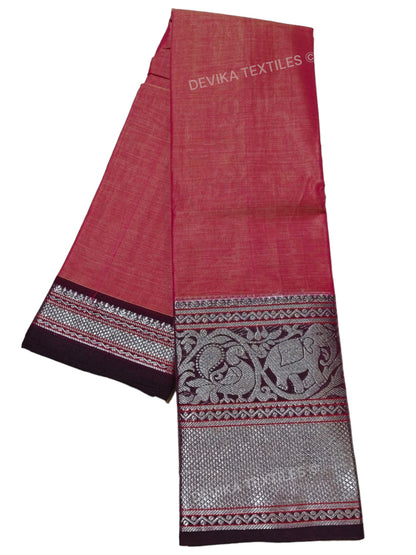 Brick Red Tanvi silver border Pure cotton Narayanpeth handloom  saree with running blouse piece
