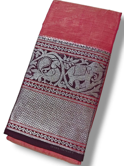 Brick Red Tanvi silver border Pure cotton Narayanpeth handloom  saree with running blouse piece