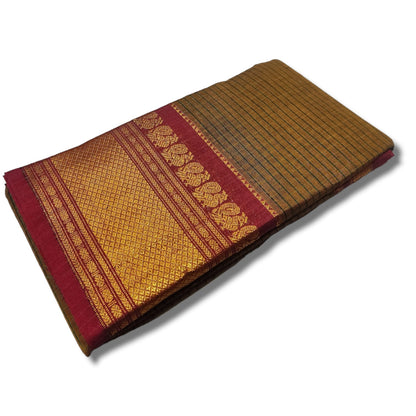 Brown Checks Narayanpet Cotton saree Woven Gold Jari In Border with Running blouse piece (Checks_Khaki)