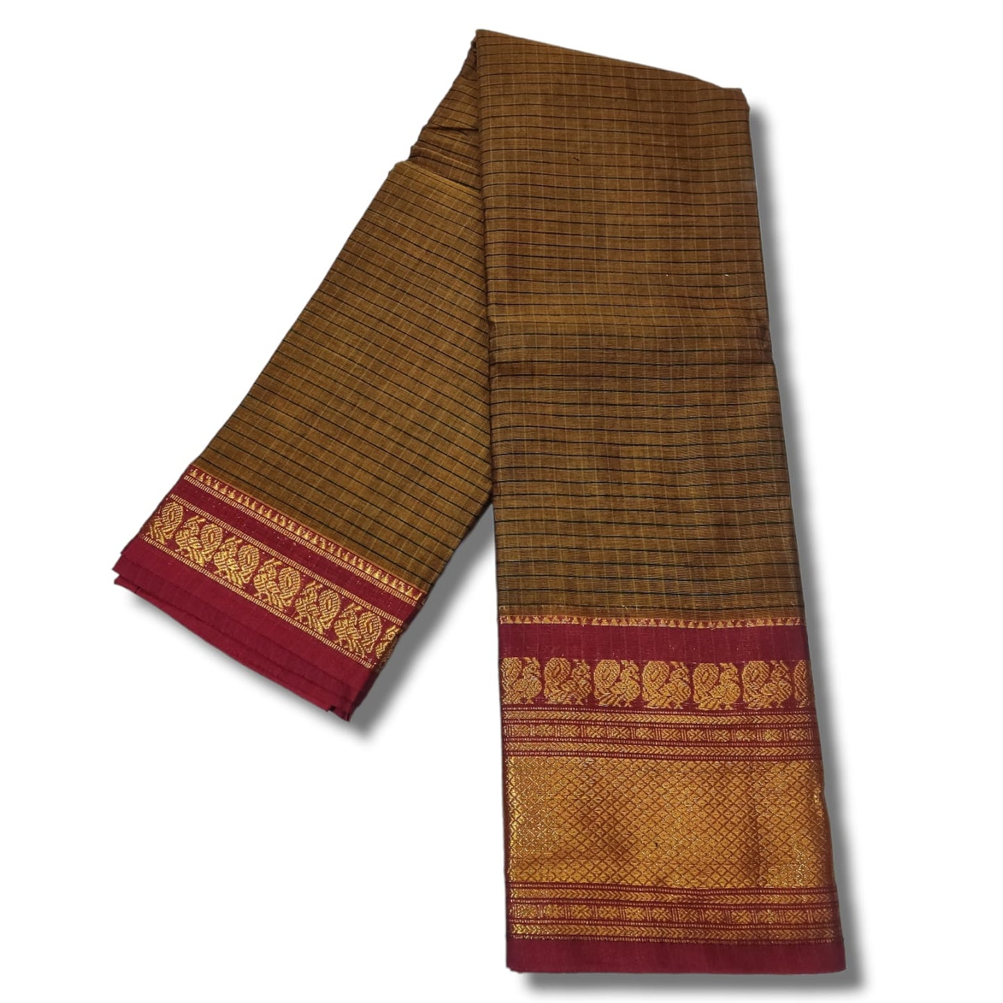 Brown Checks Narayanpet Cotton saree Woven Gold Jari In Border with Running blouse piece (Checks_Khaki)