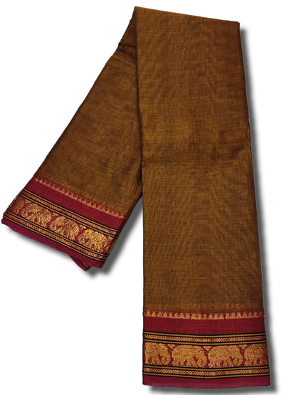 Brown Small Elephant Jari Border Narayanpet Pure Handloom Cotton Sarees with Running blouse (Khaki)