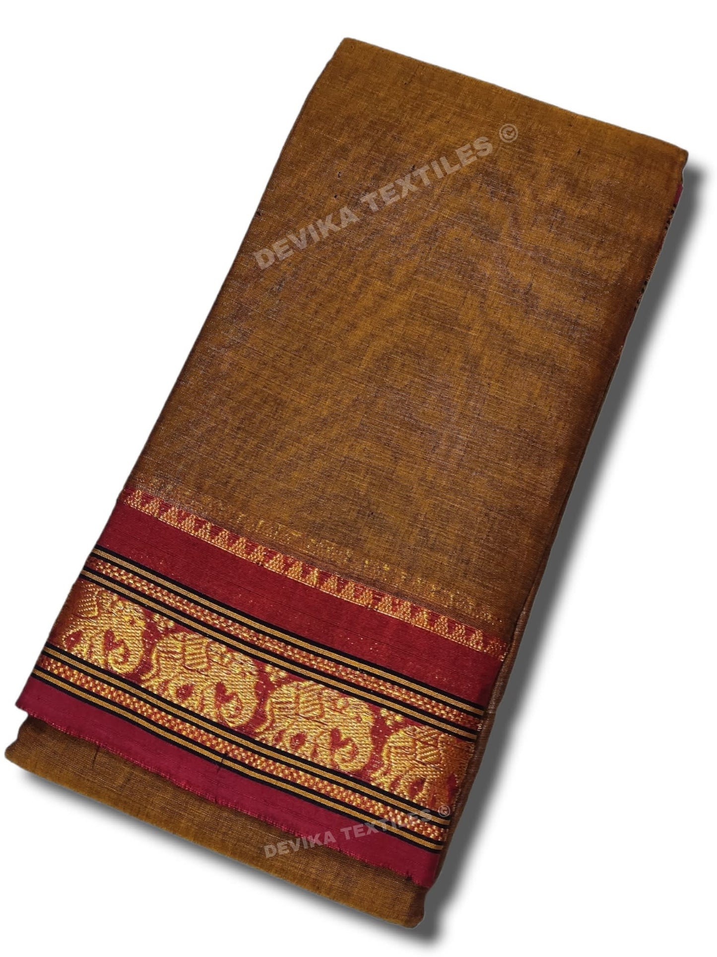 Brown Small Elephant Jari Border Narayanpet Pure Handloom Cotton Sarees with Running blouse (Khaki)