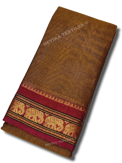 Brown Small Elephant Jari Border Narayanpet Pure Handloom Cotton Sarees with Running blouse (Khaki)