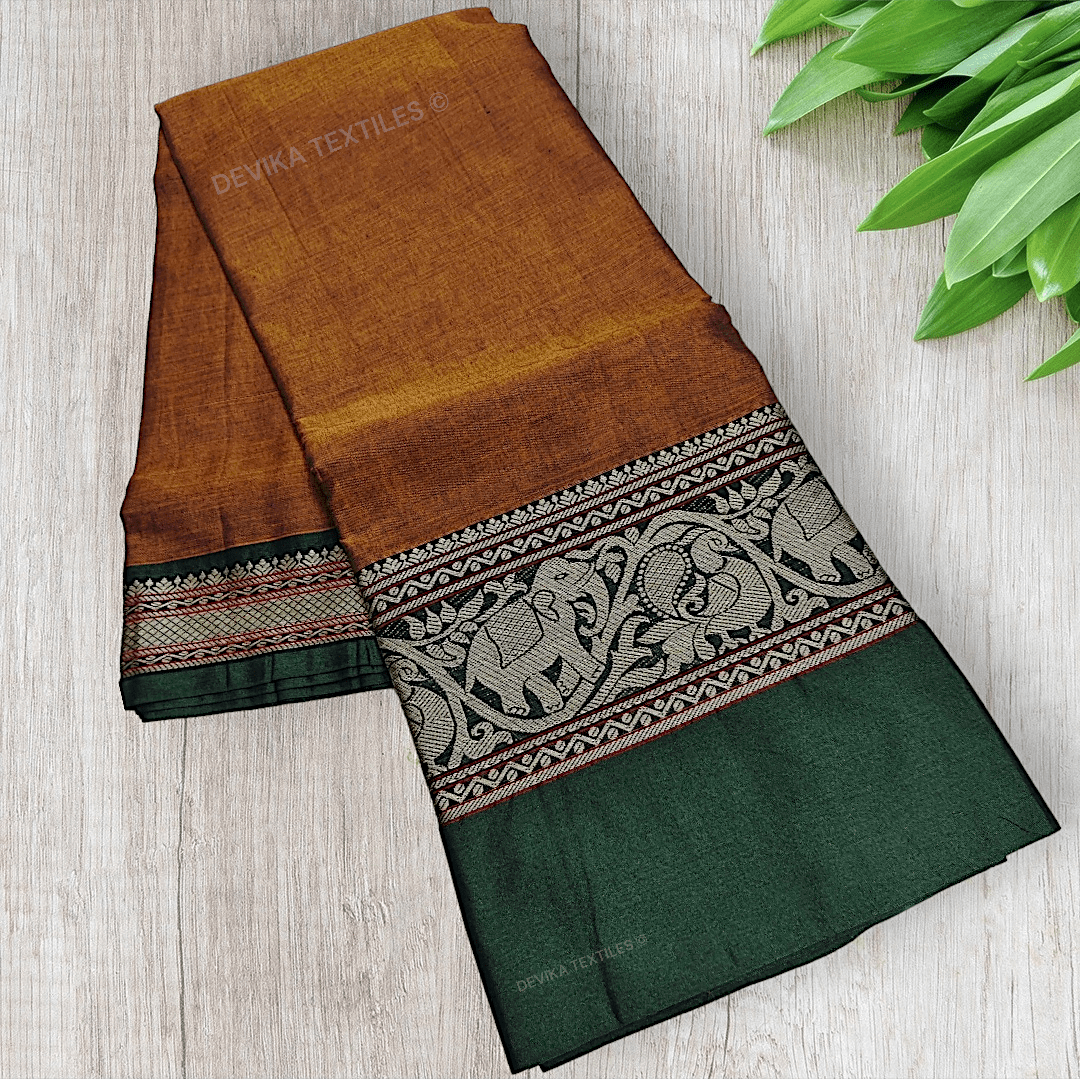 Brown Tanvi Thread Border Narayanpeth Pure Handloom Cotton saree with Running blouse piece (Same As Saree)