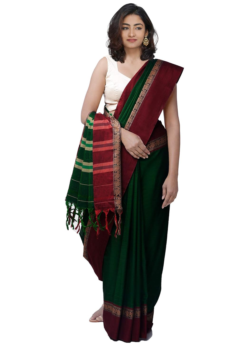 Pure Handloom Narayanpet Cotton Saree With Blouse Piece And Tassels From The Weavers Of Andhra Pradesh(Green+Free Size) For Women