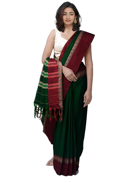Pure Handloom Narayanpet Cotton Saree With Blouse Piece And Tassels From The Weavers Of Andhra Pradesh(Green+Free Size) For Women