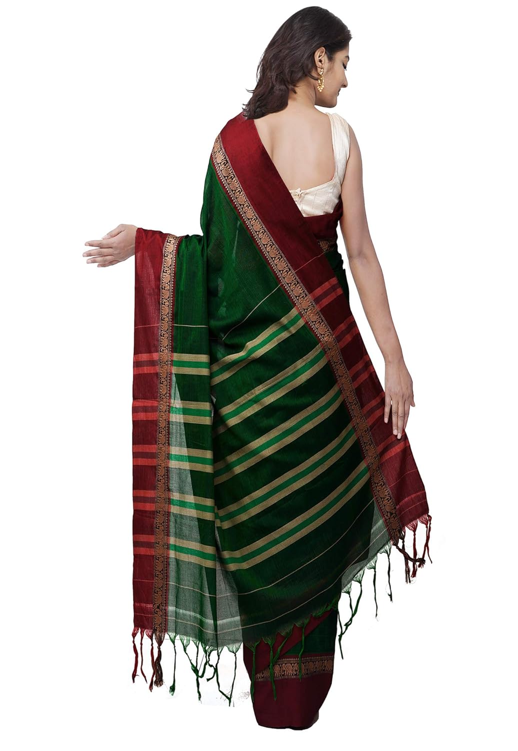 Pure Handloom Narayanpet Cotton Saree With Blouse Piece And Tassels From The Weavers Of Andhra Pradesh(Green+Free Size) For Women