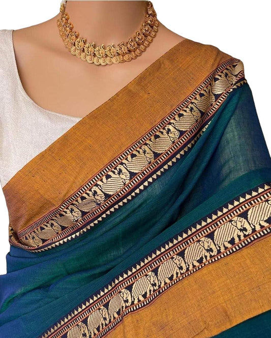 Elephant Border Traditional Handloom Pure Mercerized Cotton Saree With Running Blouse Piece (Rama)