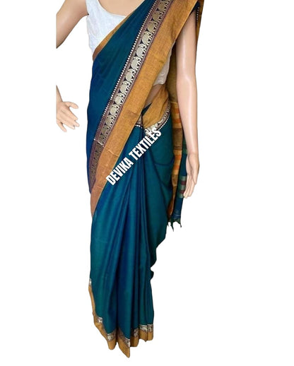 Elephant Border Traditional Handloom Pure Mercerized Cotton Saree With Running Blouse Piece (Rama)