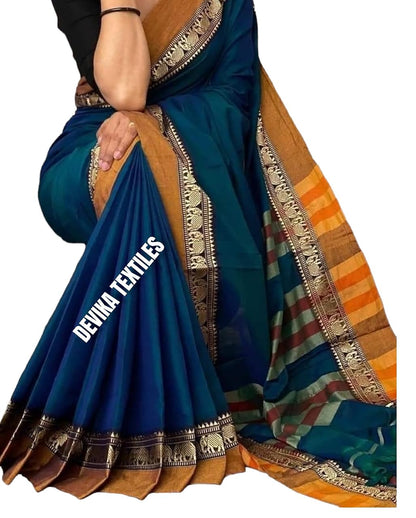 Elephant Border Traditional Handloom Pure Mercerized Cotton Saree With Running Blouse Piece (Rama)