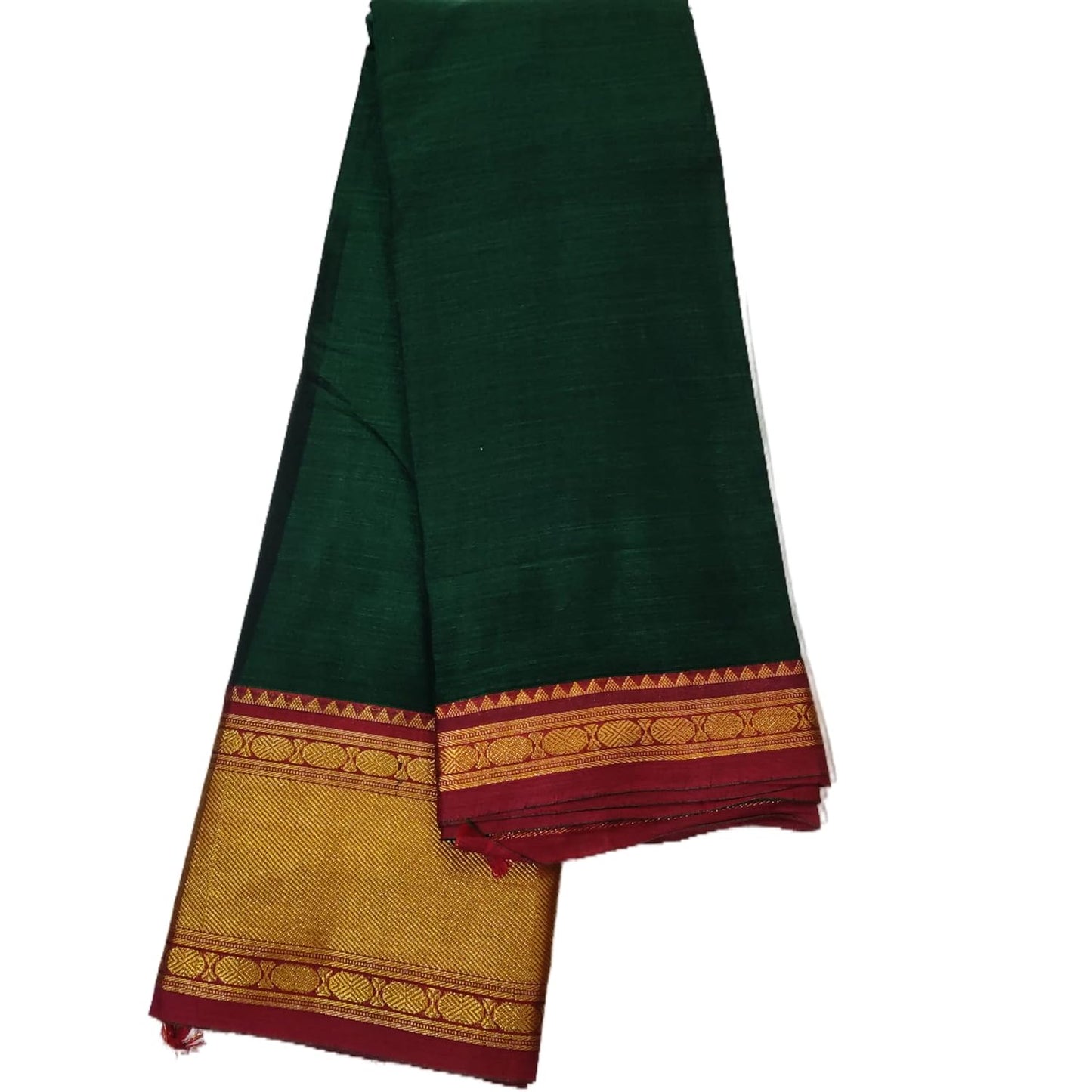 Handloom Pure Masarised Cotton Saree With Running Blouse Piece (Green+Red Border) For Women