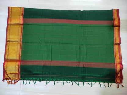 Handloom Pure Masarised Cotton Saree With Running Blouse Piece (Green+Red Border) For Women