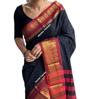 Fabulous Narayanpet Pure Cotton Saree With Running Blouse Piece (Black) For Women