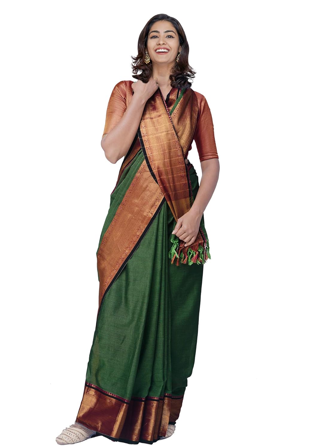 Narayanpet Handloom Cotton Saree And Blouse Piece (Green+Free Size) For Women