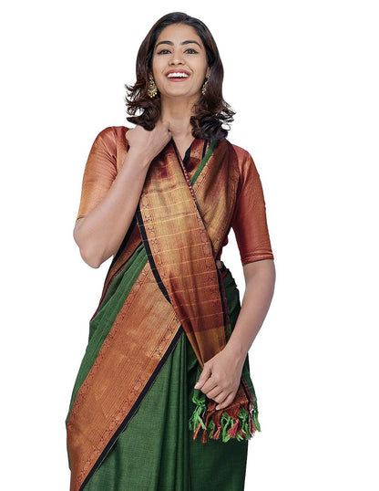 Narayanpet Handloom Cotton Saree And Blouse Piece (Green+Free Size) For Women