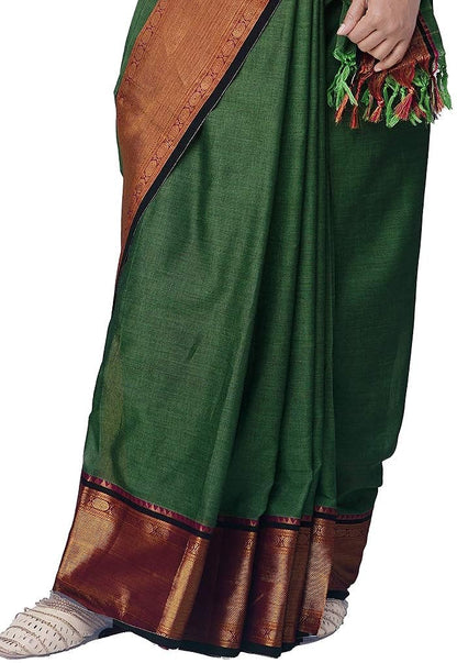 Narayanpet Handloom Cotton Saree And Blouse Piece (Green+Free Size) For Women