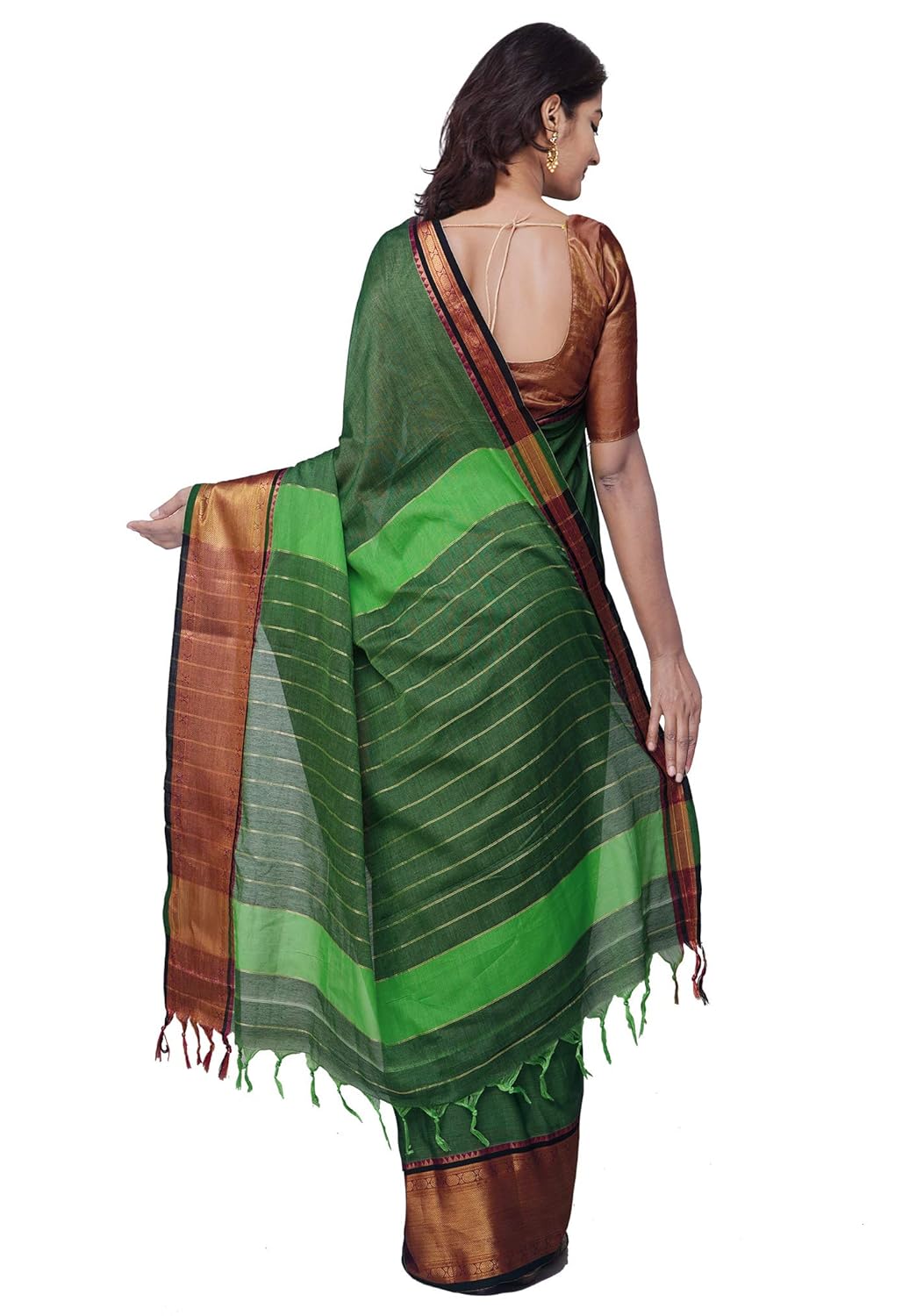 Narayanpet Handloom Cotton Saree And Blouse Piece (Green+Free Size) For Women
